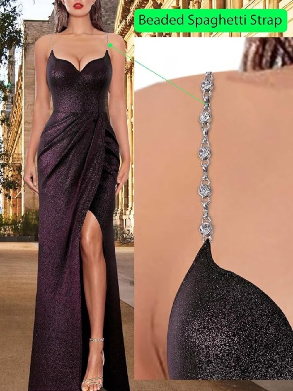 Womens Sexy Formal Ruched Fitted High Slit Bodycon Maxi Dress Spaghetti Strap S